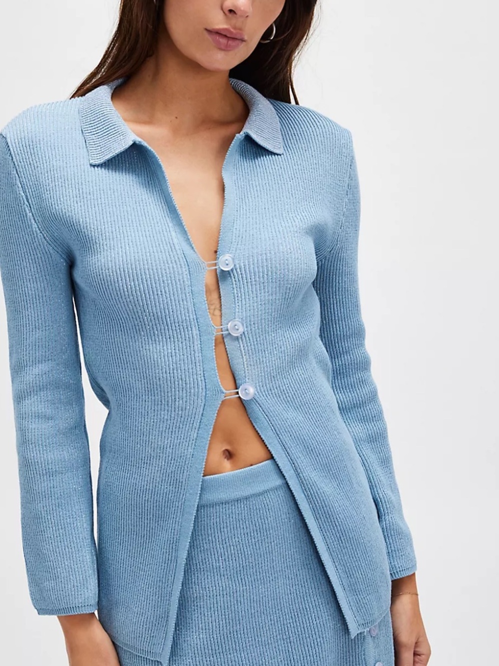 Free People Celmo Three Button Light Blue Ribbed Collared Cardigan NWT